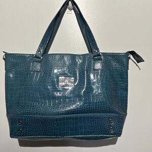 JM New York Women's Blue Faux Croc Embossed Patent Leather Travel Tote Bag